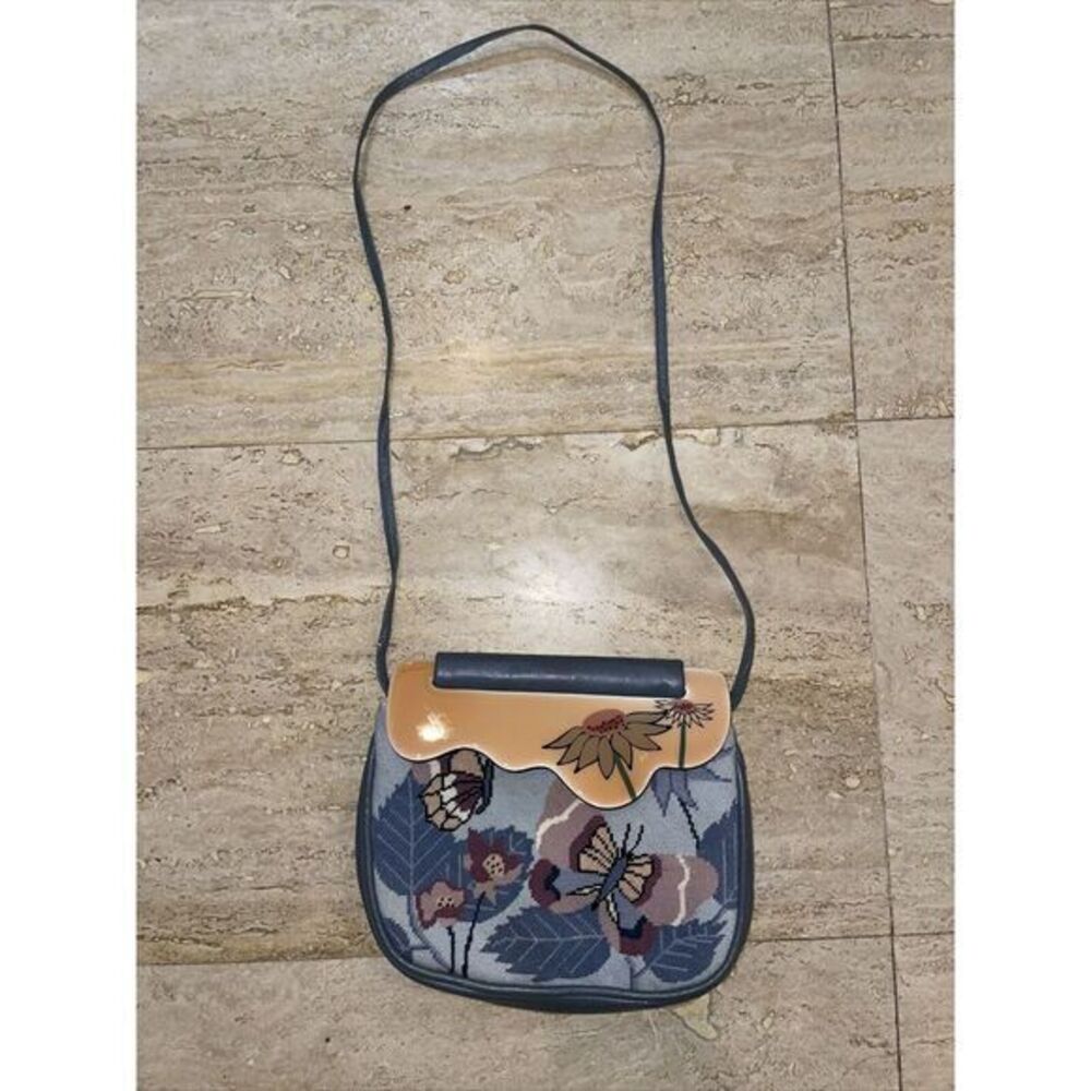 Patricia Smith Moon Leather Bag Butterfly Daisy Needlepoint Handpainted 1980 - Picture 1 of 10